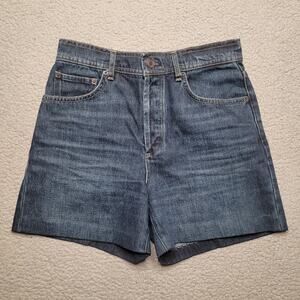 Massimo Dutti Shorts 4 Blue Denim High Rise Leather Pocket Button Fly Casual